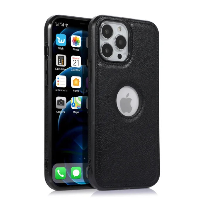 Coque en cuir véritable avec bordure silicone - Noir – Image 1
