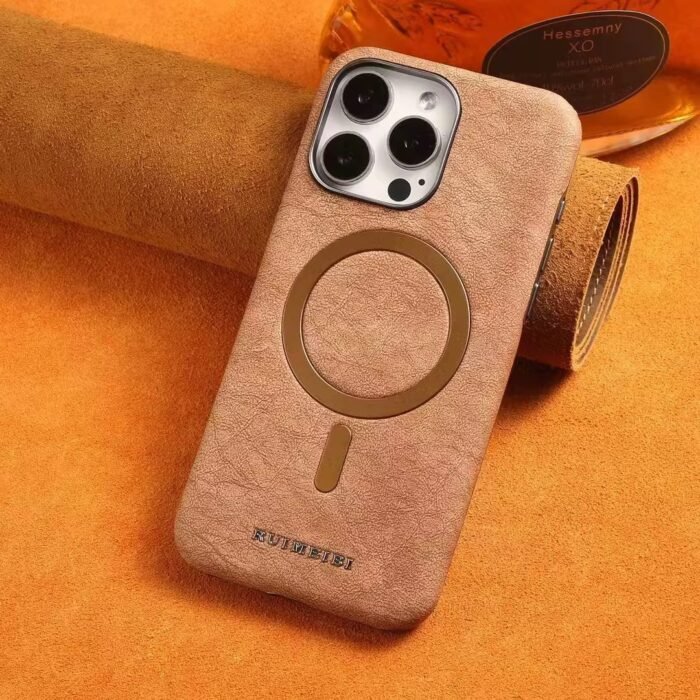 Coque en cuir élégante à texture marbre, compatible MagSafe - Marron – Image 2