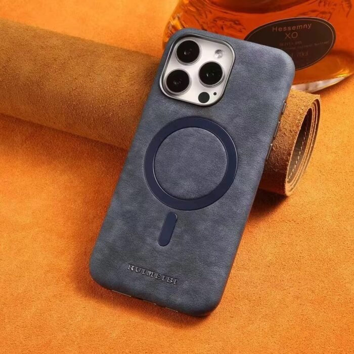 Coque en cuir élégante à texture marbre, compatible MagSafe - Bleu – Image 2