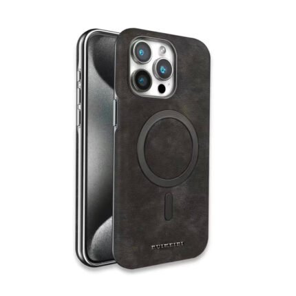 Coque en cuir élégante à texture marbre, compatible MagSafe - Gris foncé