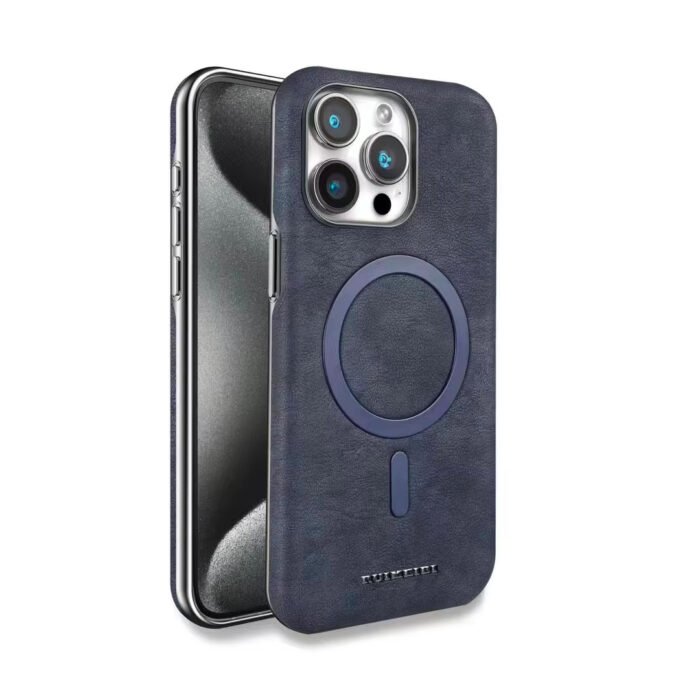 Coque en cuir élégante à texture marbre, compatible MagSafe - Bleu – Image 1
