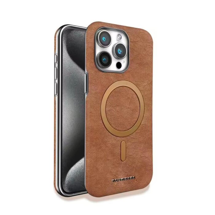 Coque en cuir élégante à texture marbre, compatible MagSafe - Marron – Image 1