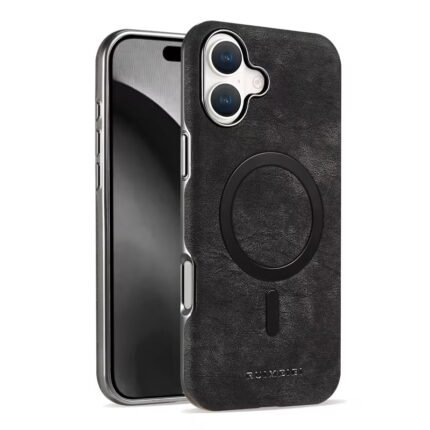 Coque en cuir élégante à texture marbre, compatible MagSafe - Noir