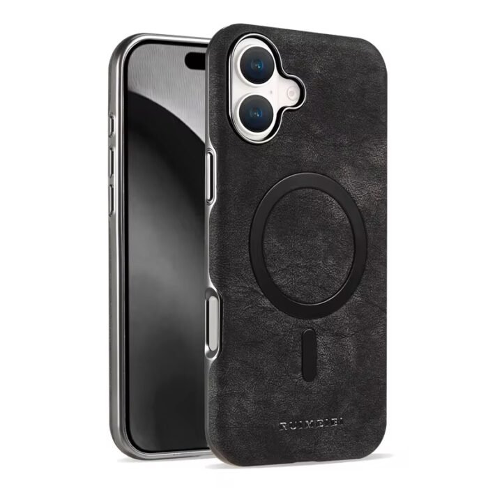 Coque en cuir élégante à texture marbre, compatible MagSafe - Noir – Image 1
